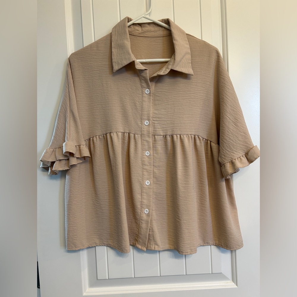 Shein Women's Tan Button-Up Ruffle Sleeve Top